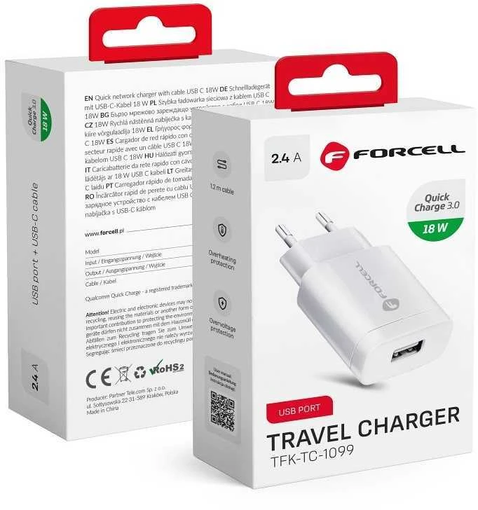 Įkroviklis Forcell (1xUSB 2.4A 18W) baltas