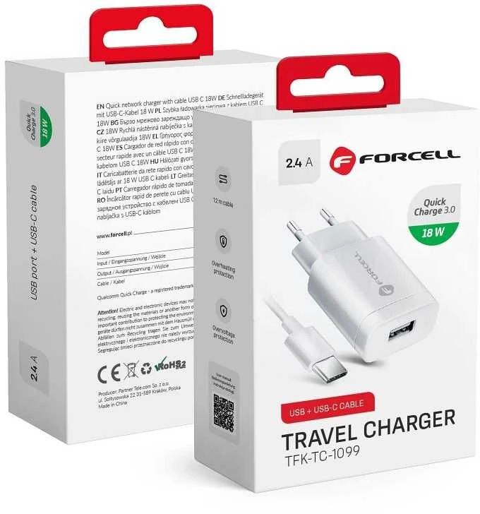 Įkroviklis Forcell + type-C kabelis (1xUSB 2.4A 18W) baltas