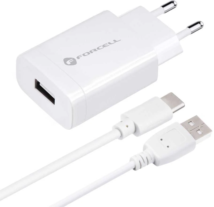 Įkroviklis Forcell + type-C kabelis (1xUSB 2.4A 18W) baltas