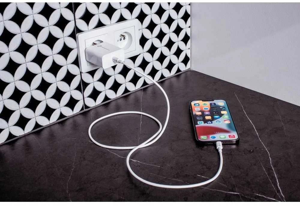 PTC Forcell 230V sieninis įkroviklis su USB Type-C, žaibo (APPLE) laidu 3A 20W su PD ir QC 4.0 įkrovimo funkcija