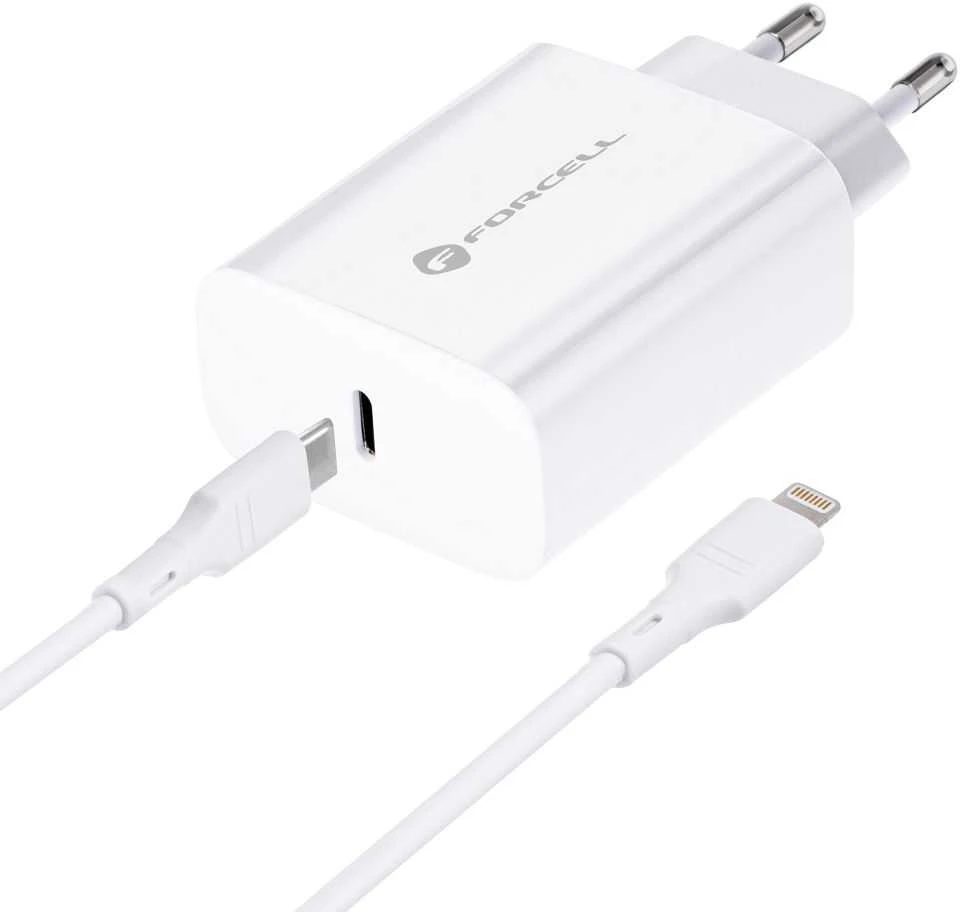 PTC Forcell 230V sieninis įkroviklis su USB Type-C, žaibo (APPLE) laidu 3A 20W su PD ir QC 4.0 įkrovimo funkcija