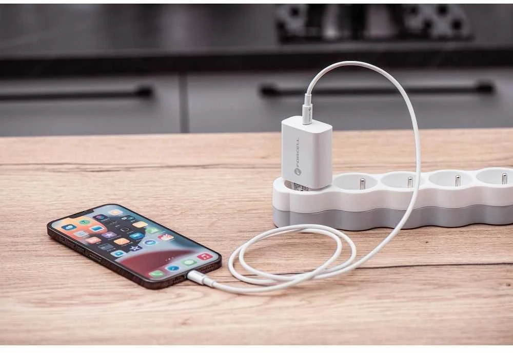 PTC Forcell 230V sieninis įkroviklis su USB Type-C, žaibo (APPLE) laidu 3A 20W su PD ir QC 4.0 įkrovimo funkcija