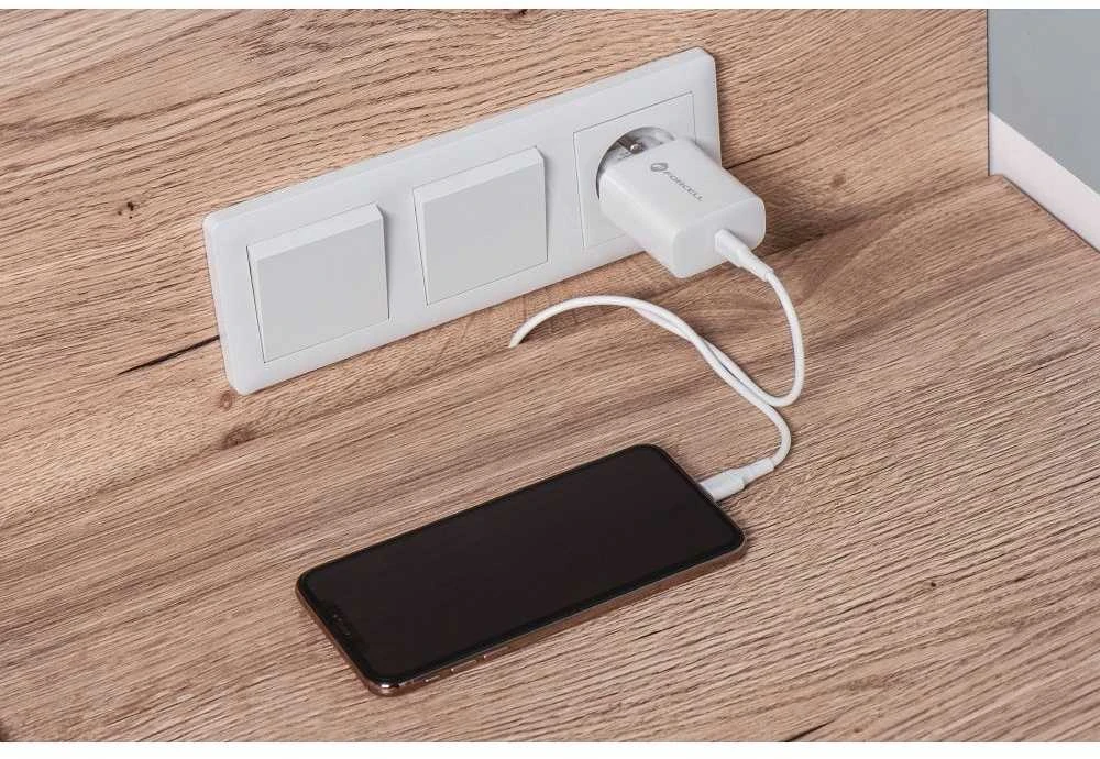 Įkroviklis Forcell + "USB-C (Type-C) to USB-C (Type-C)" (1xUSB-C 3A 25W) baltas