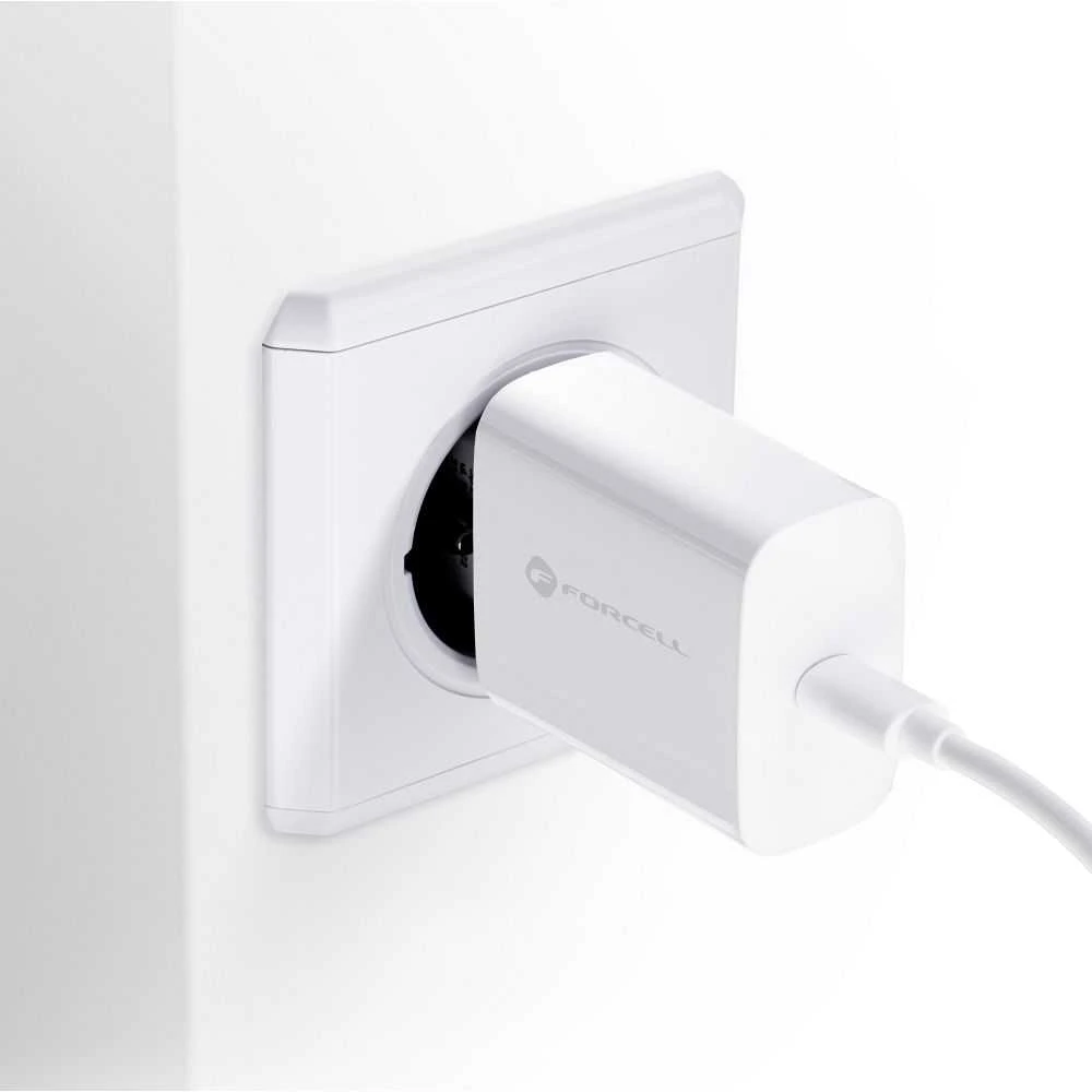 Įkroviklis Forcell + "USB-C (Type-C) to USB-C (Type-C)" (1xUSB-C 3A 25W) baltas