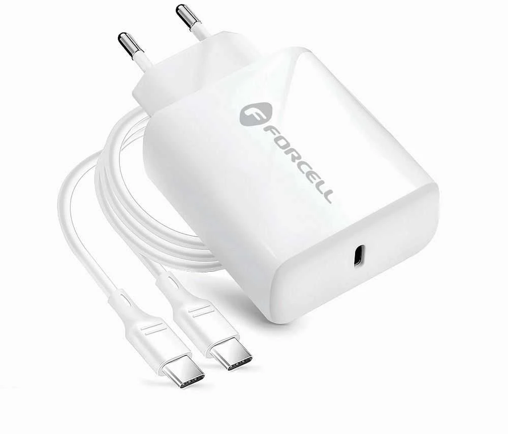 Įkroviklis Forcell + "USB-C (Type-C) to USB-C (Type-C)" (1xUSB-C 3A 25W) baltas