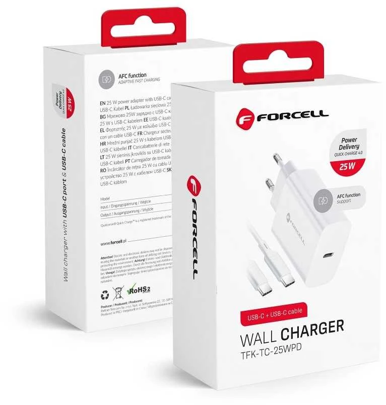Įkroviklis Forcell + "USB-C (Type-C) to USB-C (Type-C)" (1xUSB-C 3A 25W) baltas
