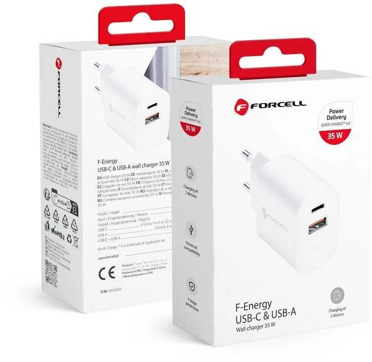 Telefono įkroviklis Forcell F-Energy USB C + USB A QC4.0 PD 3A 35W TFK-TC-35WPD baltas