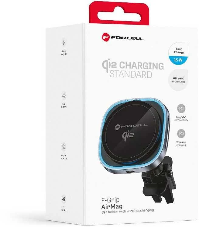 Belaidis automobilinis telefono laikiklis, suderinamas su „Magsafe Forcell F-Grip Air Mag F-07 Qi2 15W“ oro išleidimo angos sidabrinas