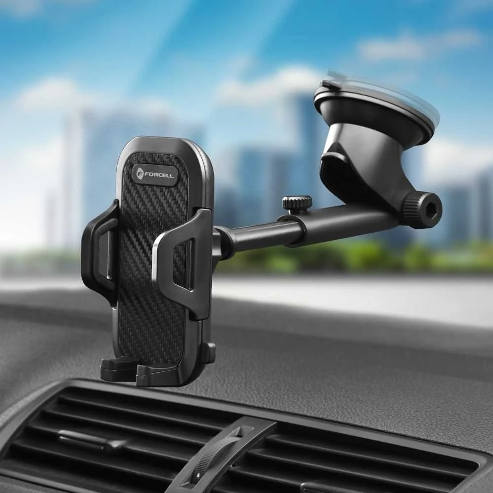 Automobilinis universalus telefono laikiklis Forcell regular arm tvirtinamas ant prietaisų skydelio, juodas