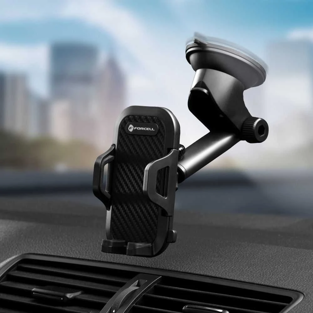Automobilinis universalus telefono laikiklis Forcell regular arm tvirtinamas ant prietaisų skydelio, juodas