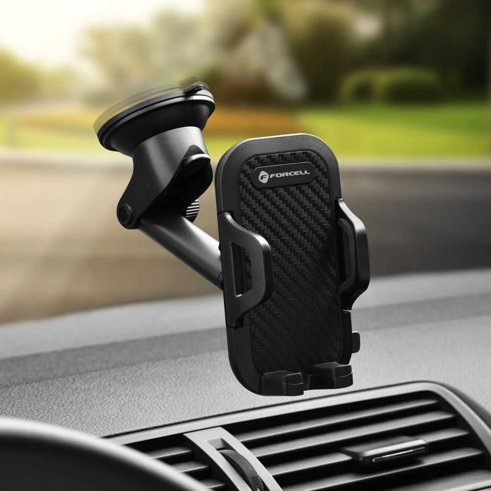 Automobilinis universalus telefono laikiklis Forcell regular arm tvirtinamas ant prietaisų skydelio, juodas