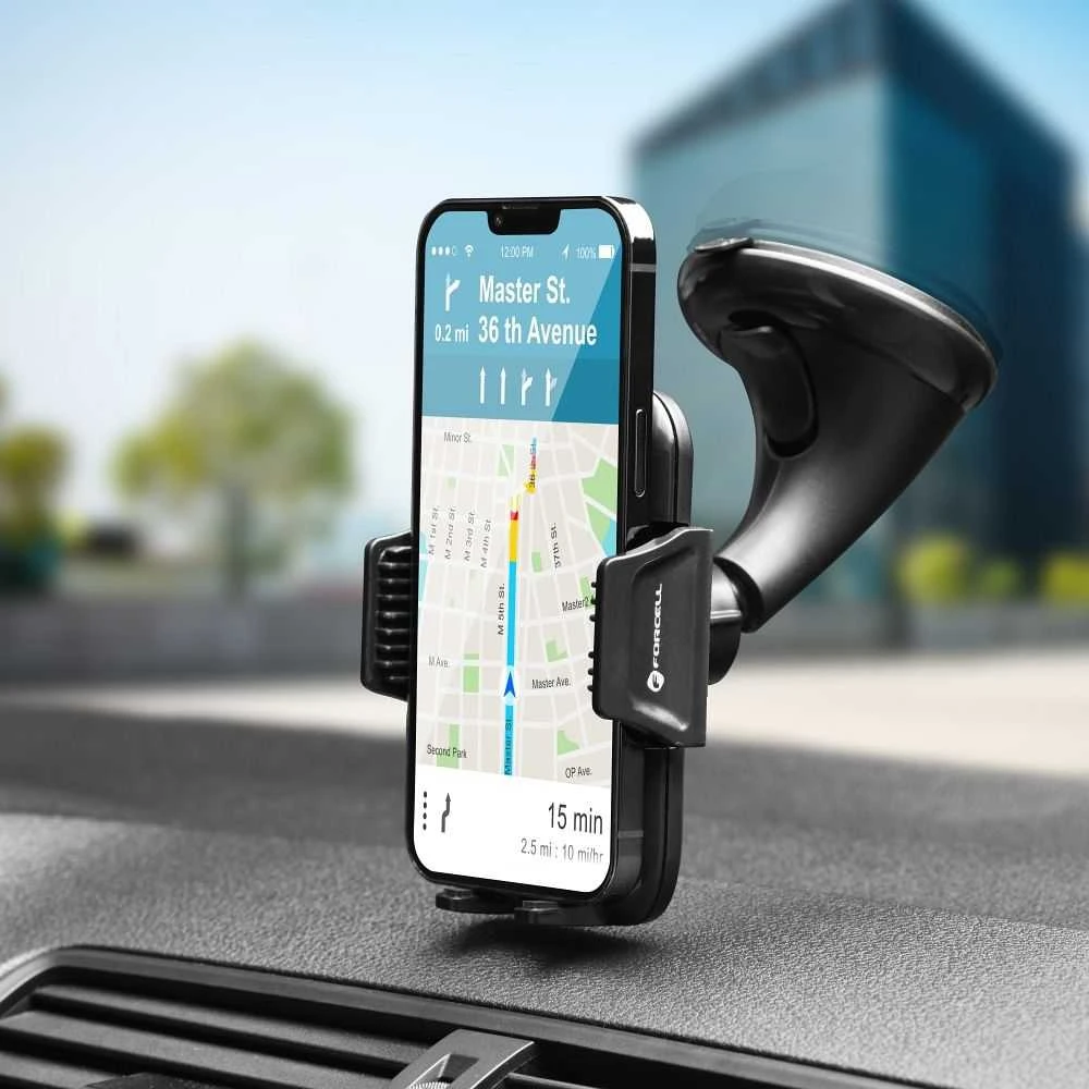 Automobilinis telefono laikiklis Forcell F-Grip Carbon HT1 priekiniam stiklui / prietaisų skydeliui juodas