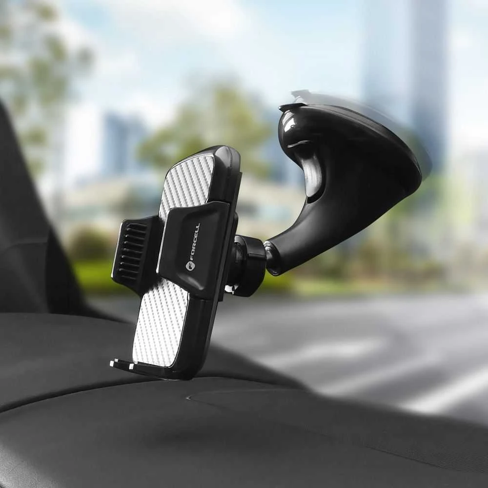 Automobilinis telefono laikiklis Forcell F-Grip Carbon HT1 priekiniam stiklui / prietaisų skydeliui juodas