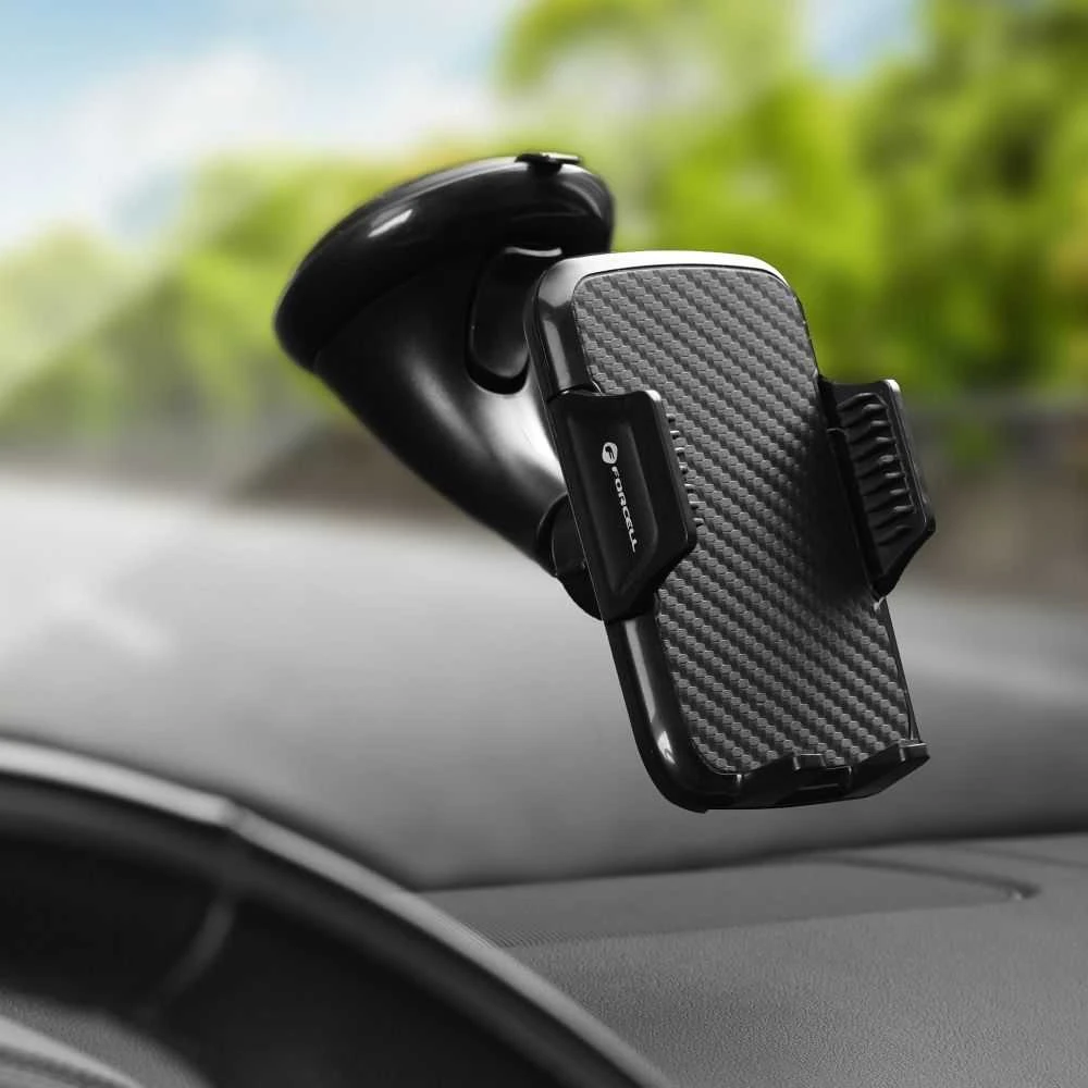Automobilinis telefono laikiklis Forcell F-Grip Carbon HT1 priekiniam stiklui / prietaisų skydeliui juodas
