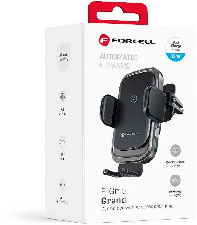 Belaidis automobilio telefono laikiklis Forcell F-Grip Grand F-24 15W oro išleidimo angos sidabrinis