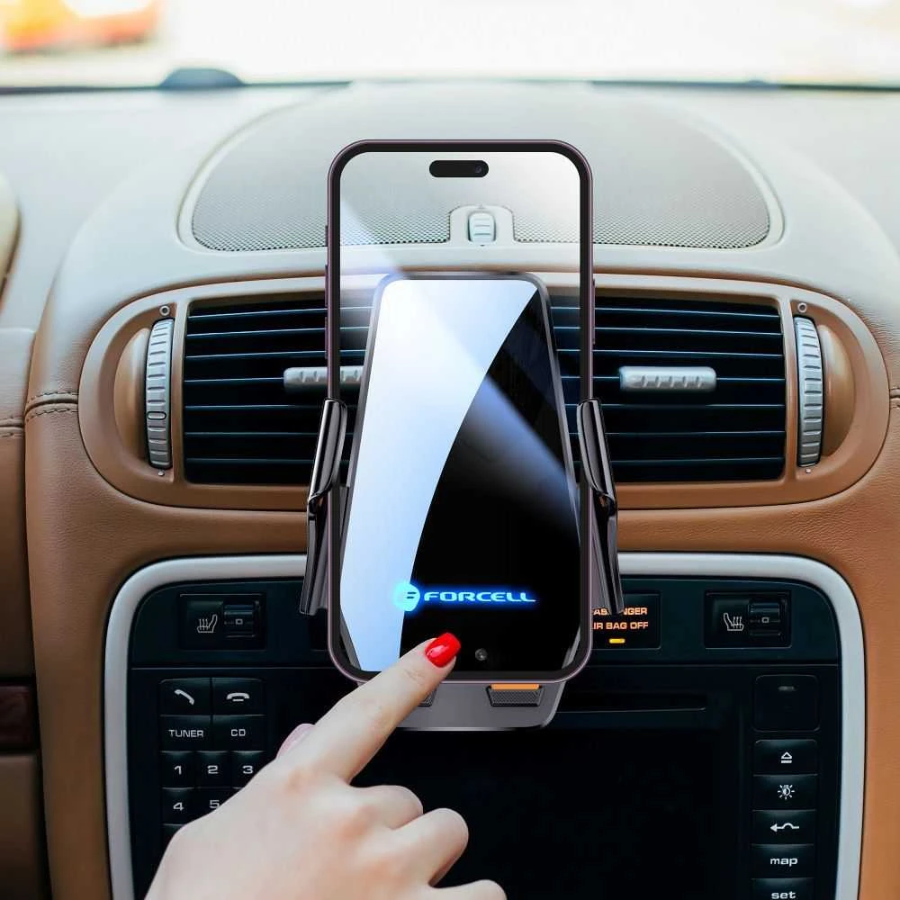 Belaidis automobilio telefono laikiklis Forcell F-Grip HS6 15W priekiniam stiklui / ventiliacijos angai juodas