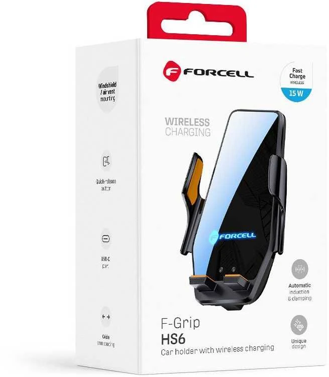 Belaidis automobilio telefono laikiklis Forcell F-Grip HS6 15W priekiniam stiklui / ventiliacijos angai juodas