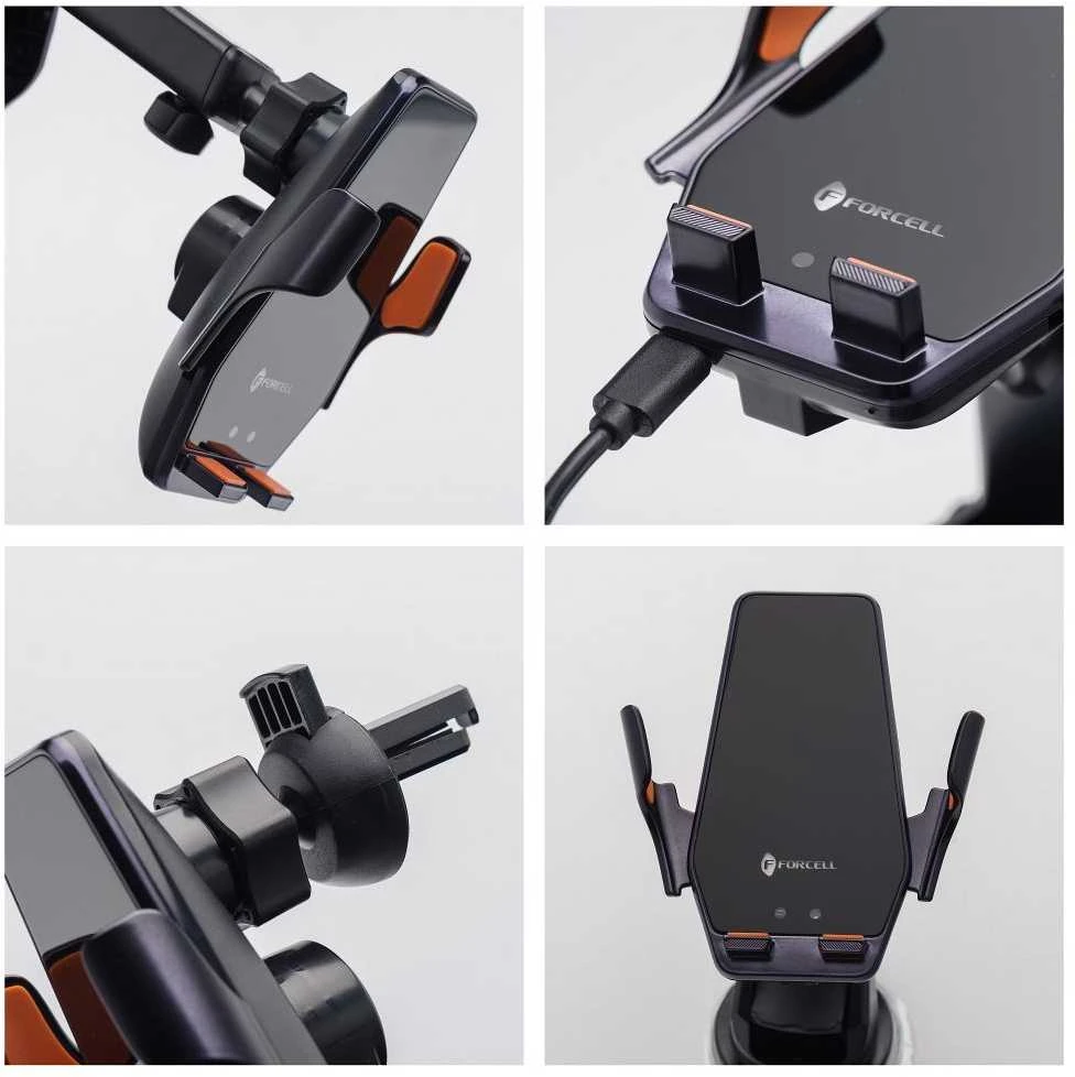 Belaidis automobilio telefono laikiklis Forcell F-Grip HS6 15W priekiniam stiklui / ventiliacijos angai juodas