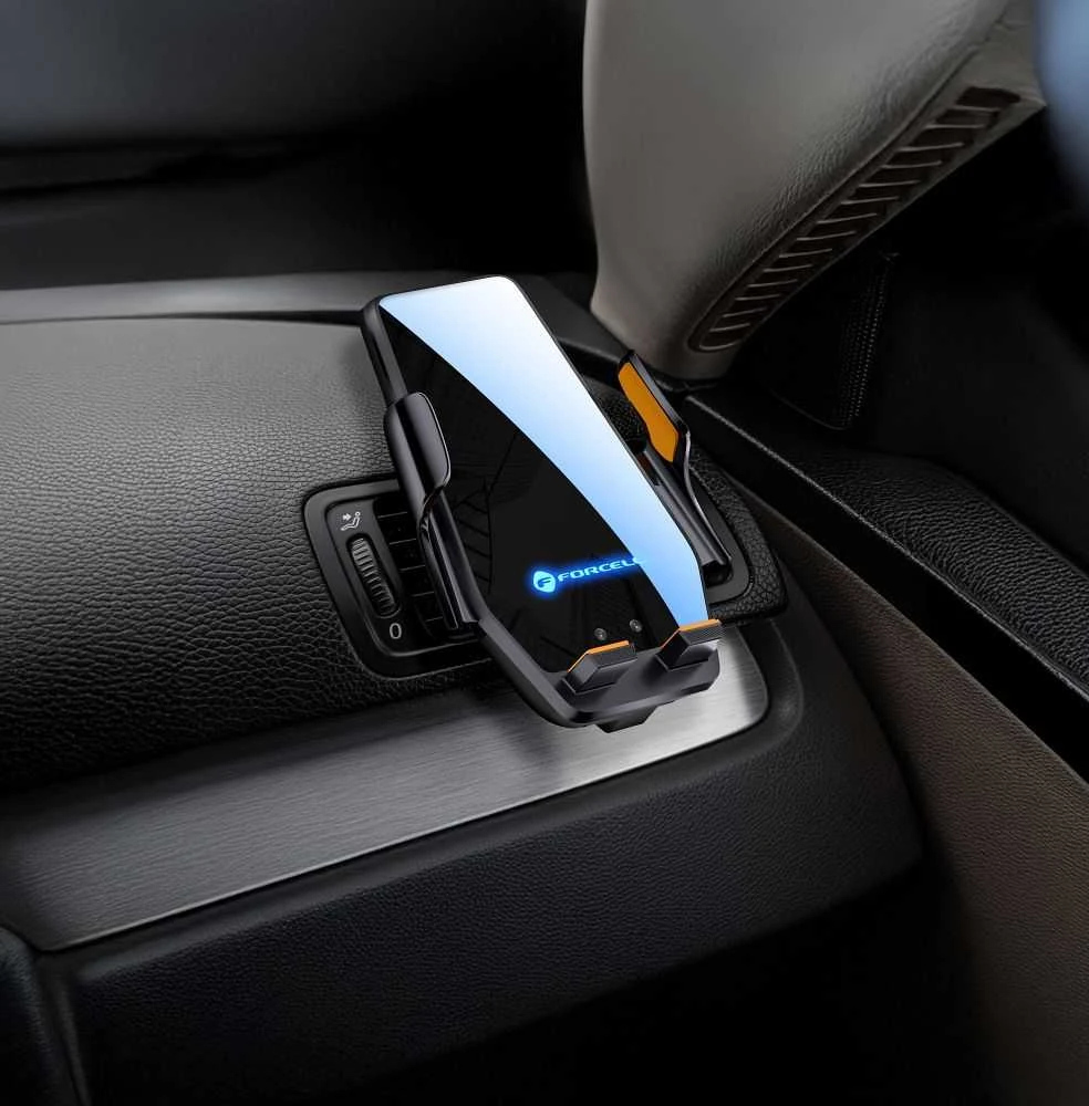Belaidis automobilio telefono laikiklis Forcell F-Grip HS6 15W priekiniam stiklui / ventiliacijos angai juodas
