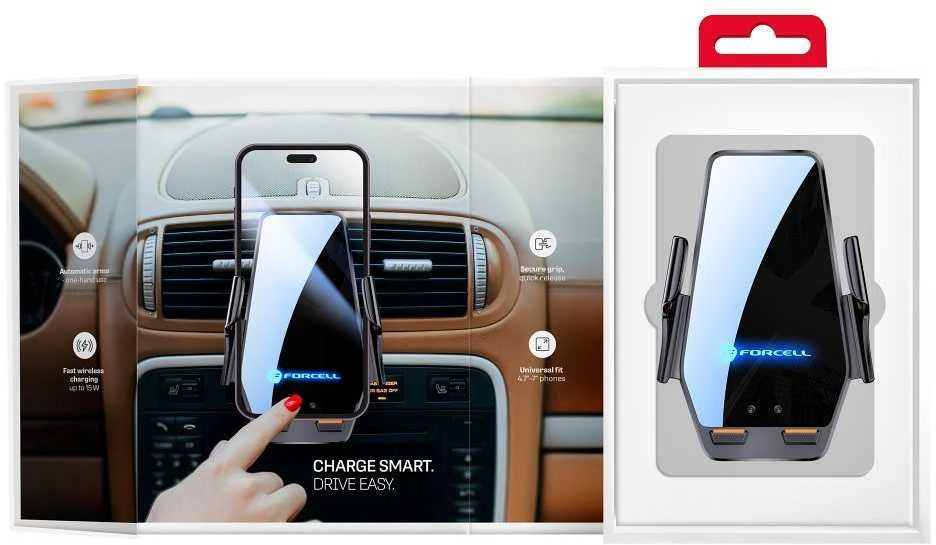 Belaidis automobilio telefono laikiklis Forcell F-Grip HS6 15W priekiniam stiklui / ventiliacijos angai juodas