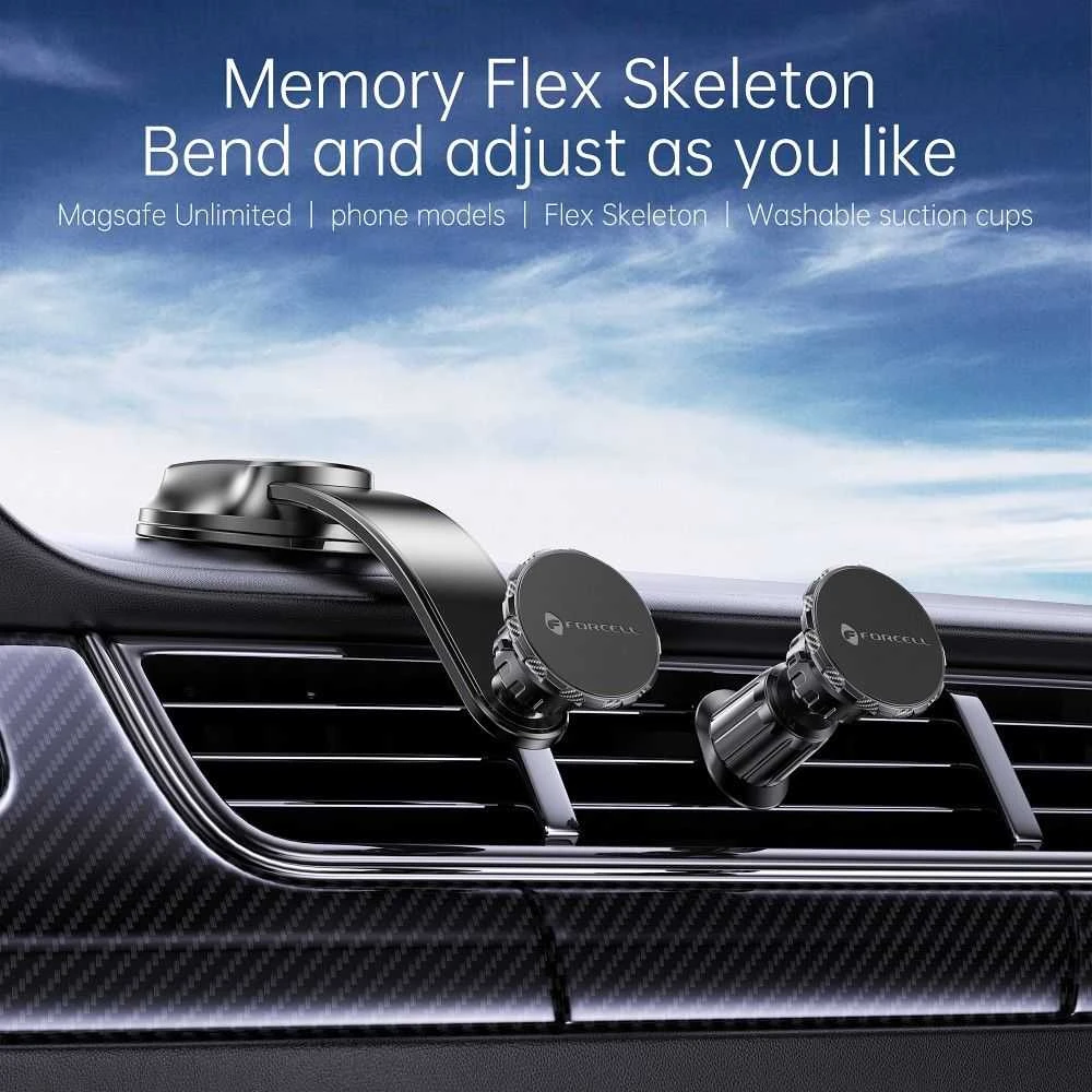 Magnetinis automobilio telefono laikiklis Forcell F-Grip MagFlex priekiniam stiklui / prietaisų skydeliui / ventiliacijos angai juodas