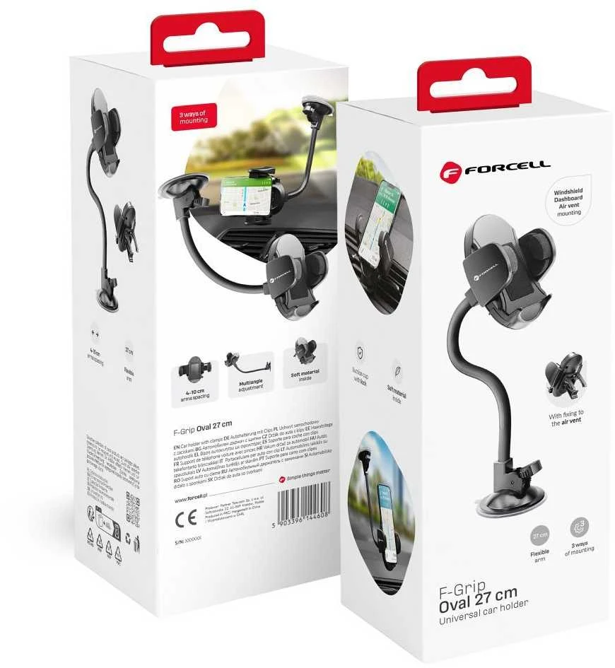 Automobilinis telefono laikiklis Forcell F-Grip Oval 27 cm, juodas, skirtas priekiniam stiklui / prietaisų skydeliui / oro išleidimo angai