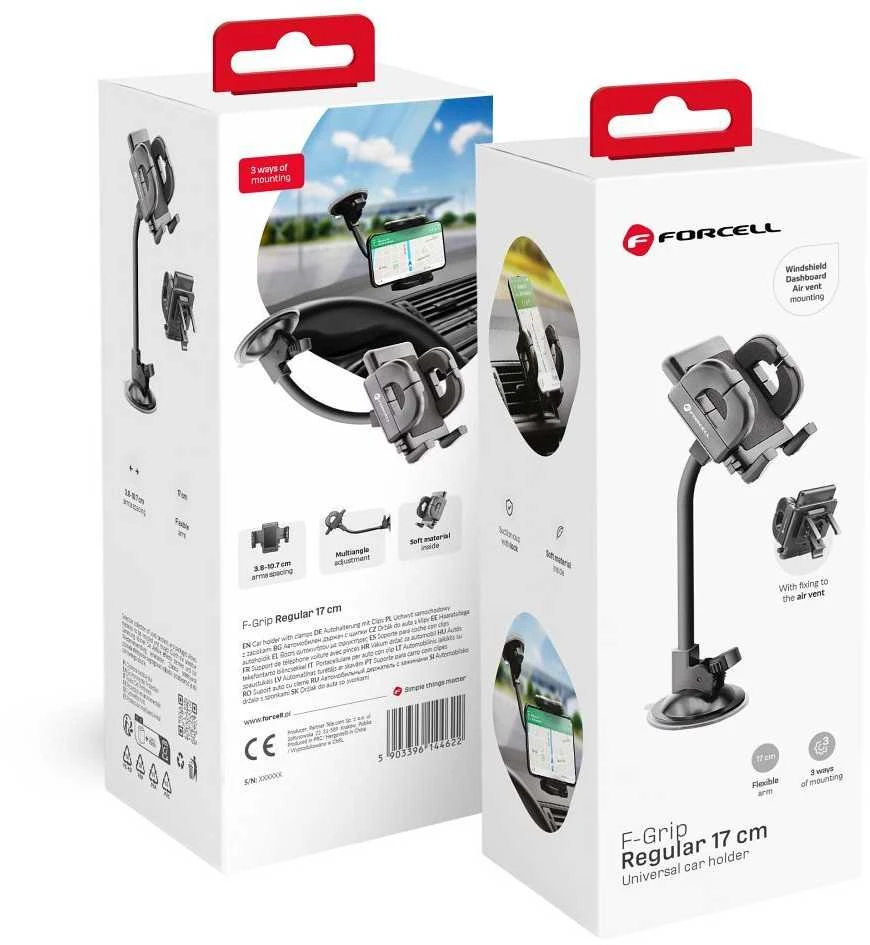 Automobilinis universalus telefono laikiklis Forcell (17cm) Long arm tvirtinamas ant stiklo, juodas