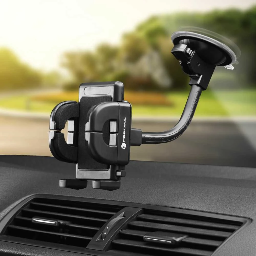 Automobilinis universalus telefono laikiklis Forcell (17cm) Long arm tvirtinamas ant stiklo, juodas