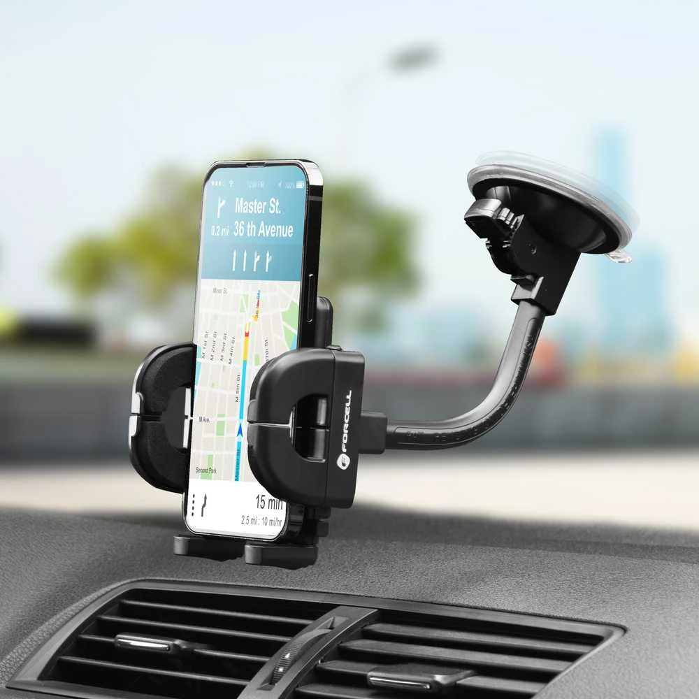Automobilinis universalus telefono laikiklis Forcell (17cm) Long arm tvirtinamas ant stiklo, juodas