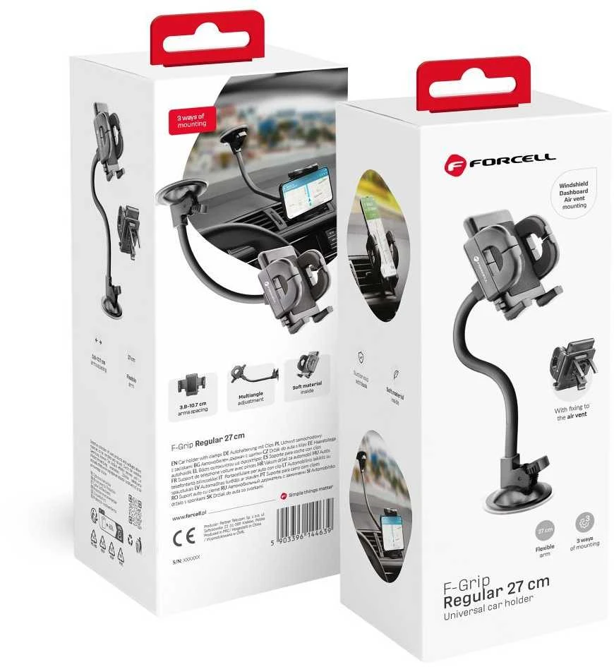 Automobilinis telefono laikiklis Forcell F-Grip Regular 27 cm priekinis stiklas / prietaisų skydelis / oro išleidimo anga, juodas