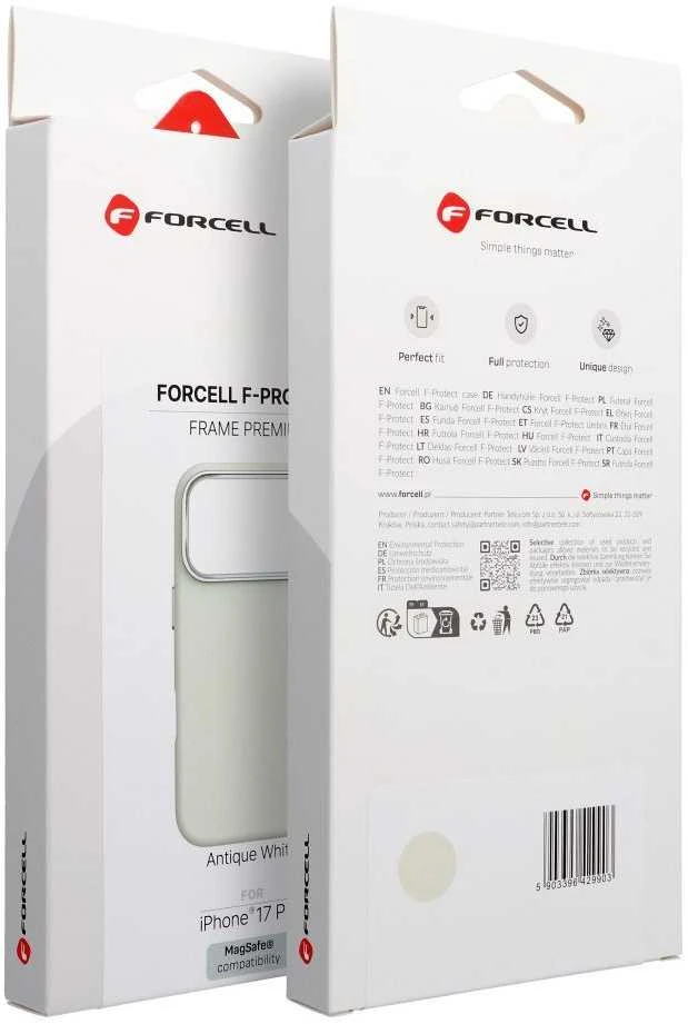 „iPhone 17 Pro / 18 Pro“ dėklas (žemas kameros kraštas), „Forcell F-Protect Frame Premium“, suderinamas su „Magsafe“ antikvarinėmis baltomis