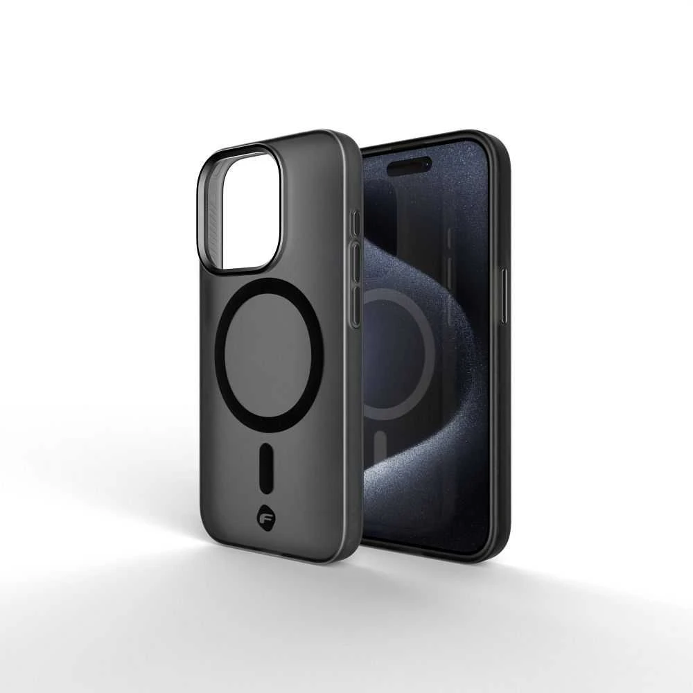 „iPhone 16 PLUS“ dėklas su „Forcell F-Protect Levels“ dvigubo sluoksnio 4D technologija, suderinamas su „Magsafe Military Drop-Test“, dūminis juodas