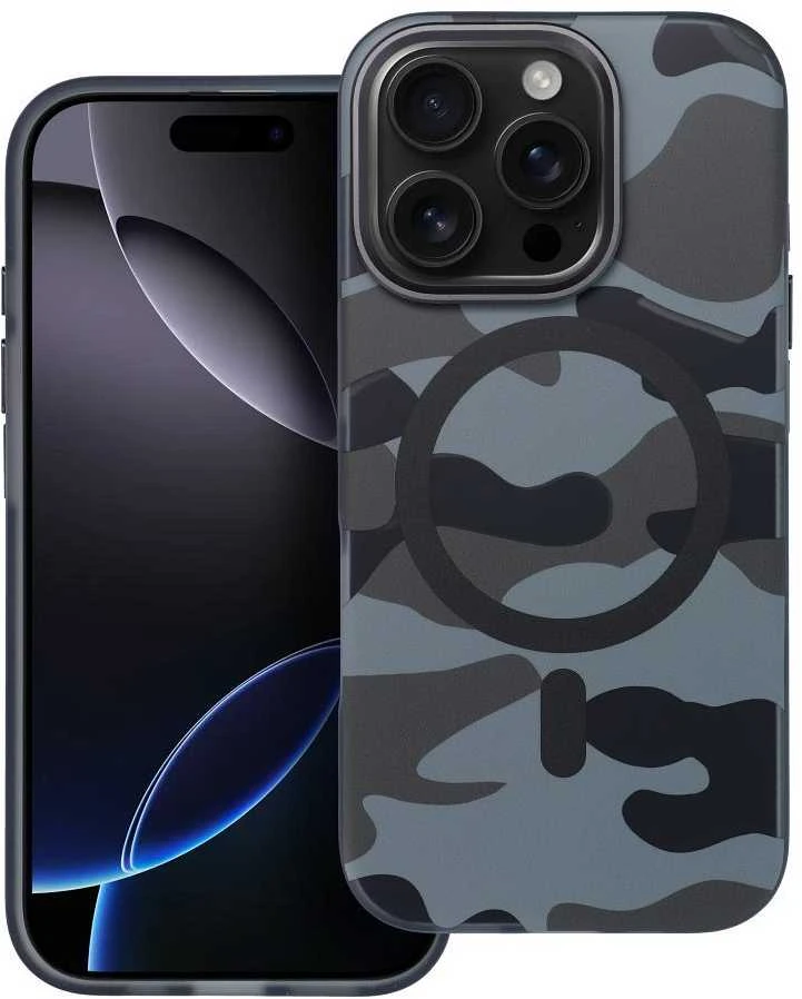 „iPhone 16 PLUS“ dėklas su „Forcell F-Protect Levels“ dvigubo sluoksnio 4D technologija, suderinamas su „Magsafe Military Drop-Test“ juodos spalvos kamufliažu.