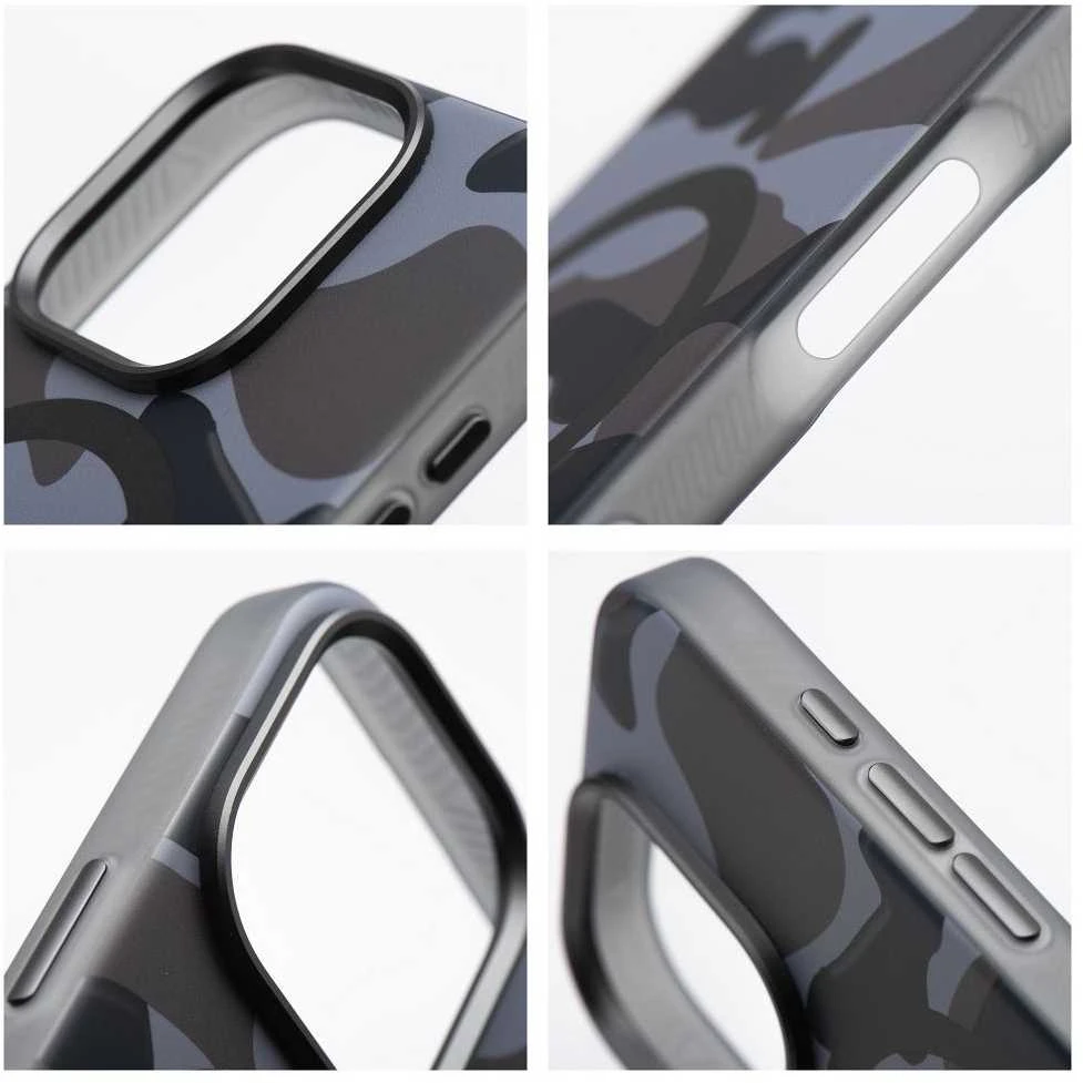 „iPhone 16 PLUS“ dėklas su „Forcell F-Protect Levels“ dvigubo sluoksnio 4D technologija, suderinamas su „Magsafe Military Drop-Test“ juodos spalvos kamufliažu.