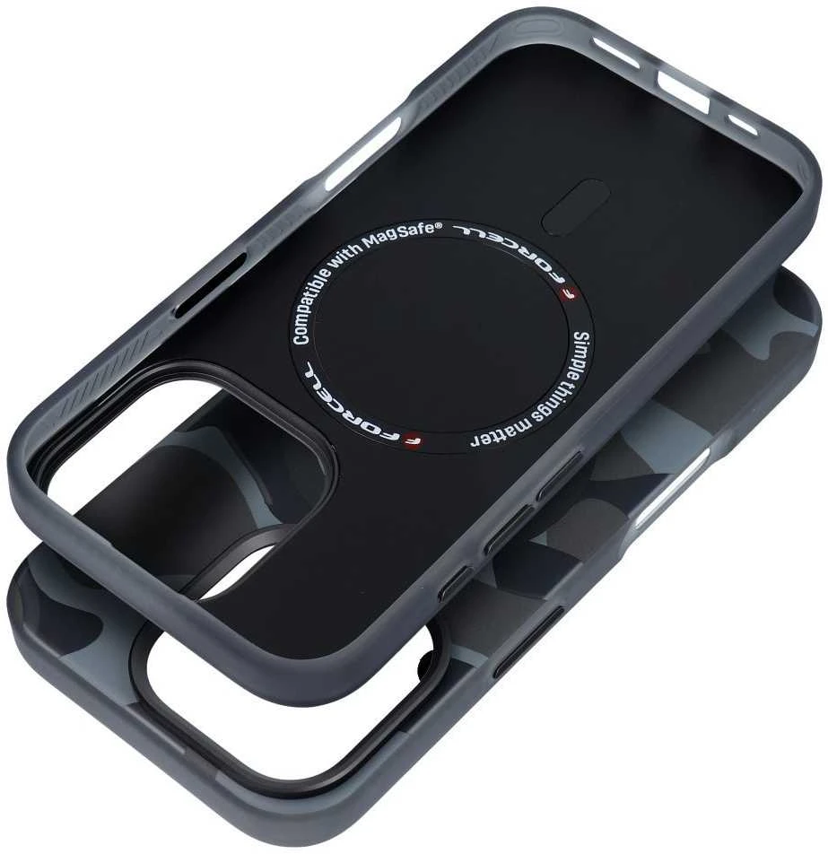 „iPhone 16 PLUS“ dėklas su „Forcell F-Protect Levels“ dvigubo sluoksnio 4D technologija, suderinamas su „Magsafe Military Drop-Test“ juodos spalvos kamufliažu.