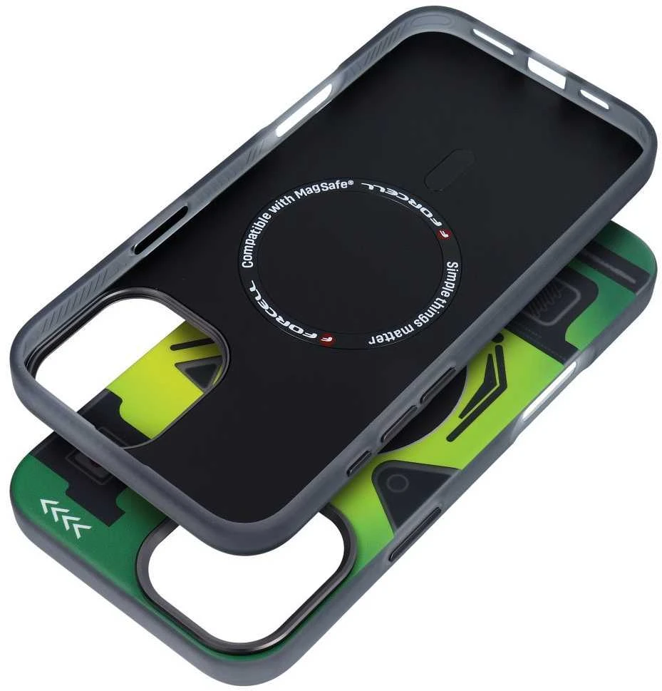 „iPhone 16 PLUS“ dėklas su „Forcell F-Protect Levels“ dvigubo sluoksnio 4D technologija, suderinamas su „Magsafe Military Drop-Test cyber žalias“.
