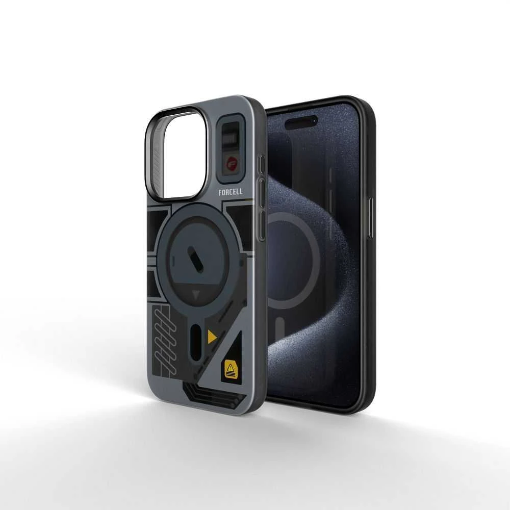 „iPhone 16 PLUS“ dėklas su „Forcell F-Protect Levels“ dvigubo sluoksnio 4D technologija, suderinamas su „Magsafe Military Drop-Test“ kibernetinėmis pilkomis spalvomis.