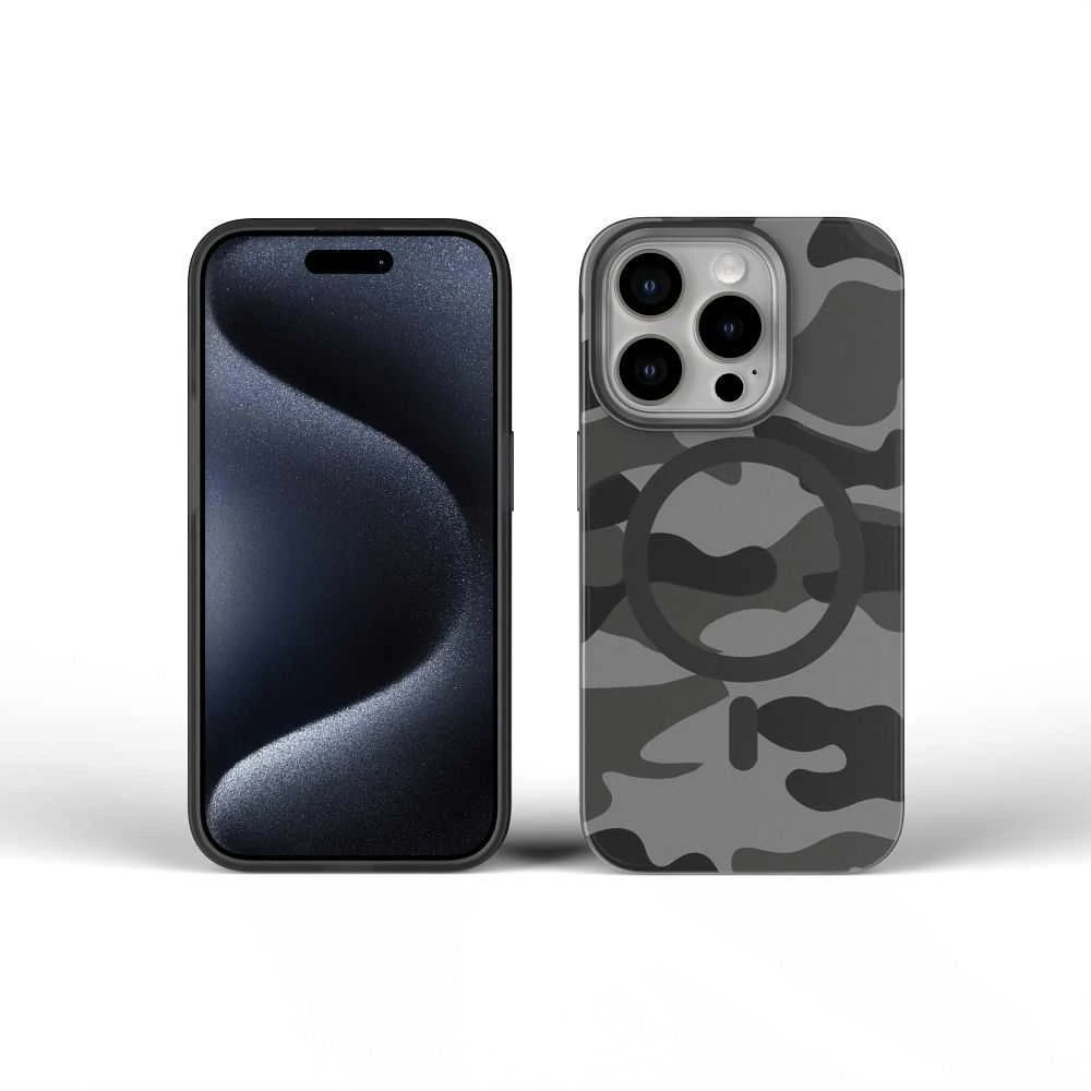 „iPhone 16 PLUS“ dėklas su „Forcell F-Protect Levels“ dvigubo sluoksnio 4D technologija, suderinamas su „Magsafe Military Drop-Test“ juodos spalvos kamufliažu.