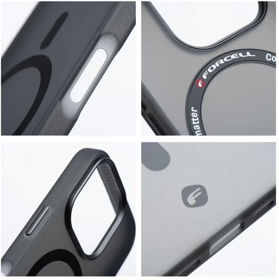 „iPhone 16 PLUS“ dėklas su „Forcell F-Protect Levels“ dvigubo sluoksnio 4D technologija, suderinamas su „Magsafe Military Drop-Test“, dūminis juodas