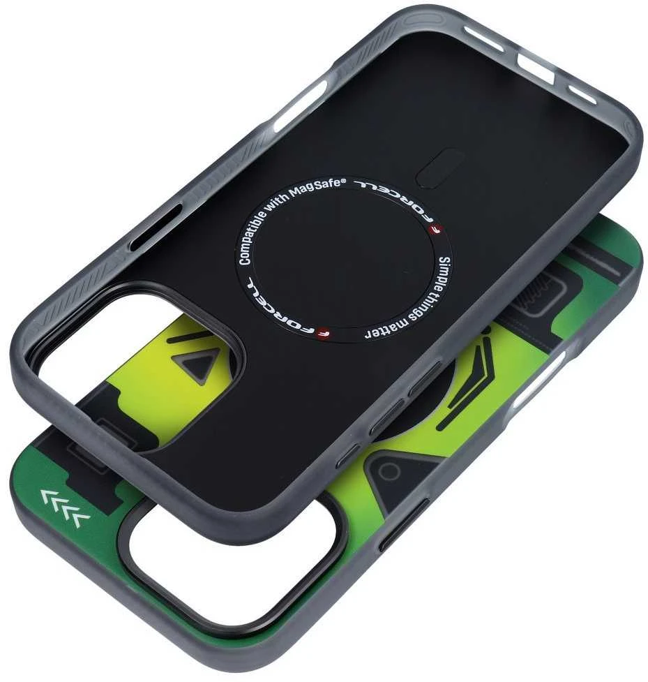 „iPhone 16 PRO MAX“ dėklas su „Forcell F-Protect Levels“ dvigubo sluoksnio 4D technologija, suderinamas su „Magsafe Military Drop-Test cyber žalias“.
