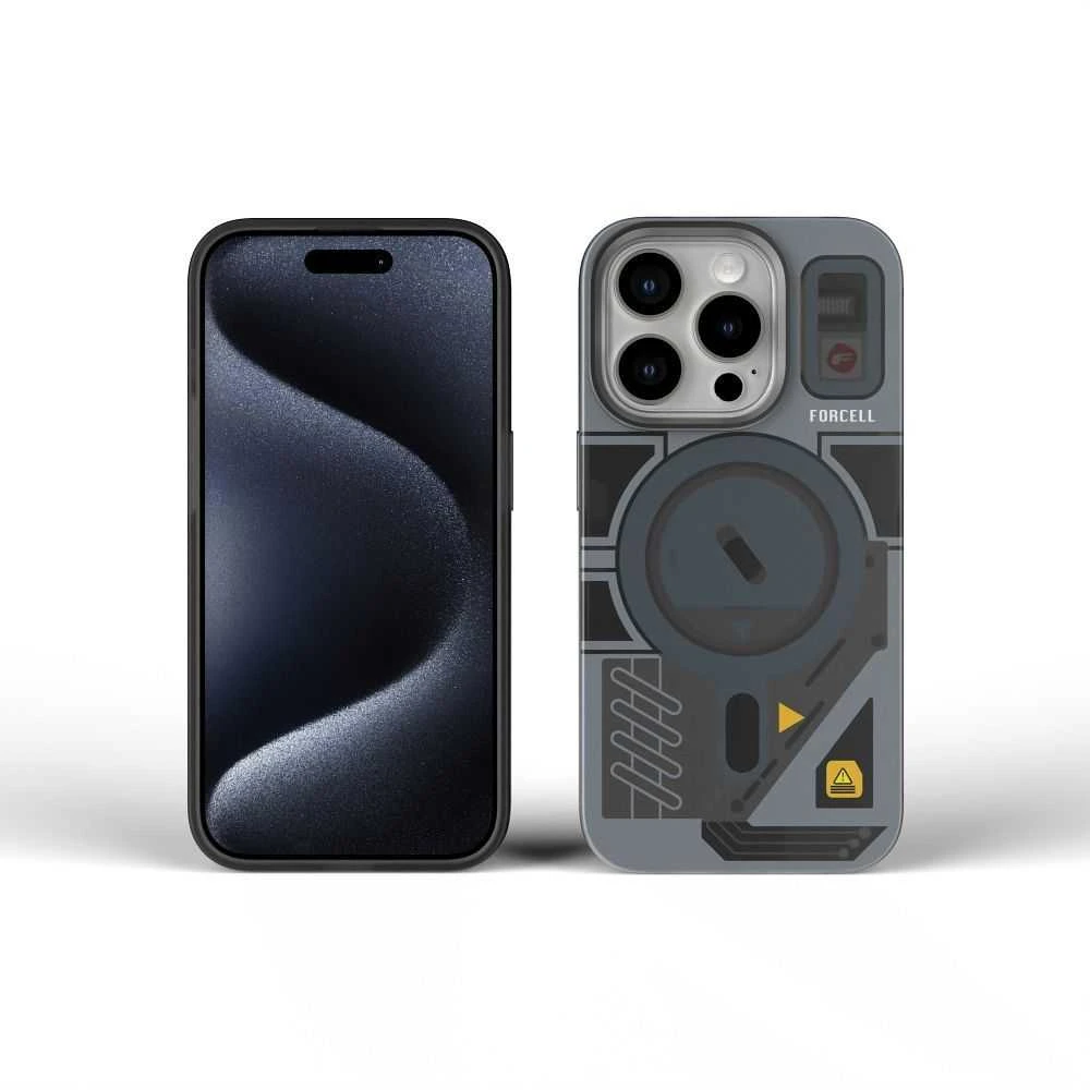 „iPhone 16 PLUS“ dėklas su „Forcell F-Protect Levels“ dvigubo sluoksnio 4D technologija, suderinamas su „Magsafe Military Drop-Test“ kibernetinėmis pilkomis spalvomis.