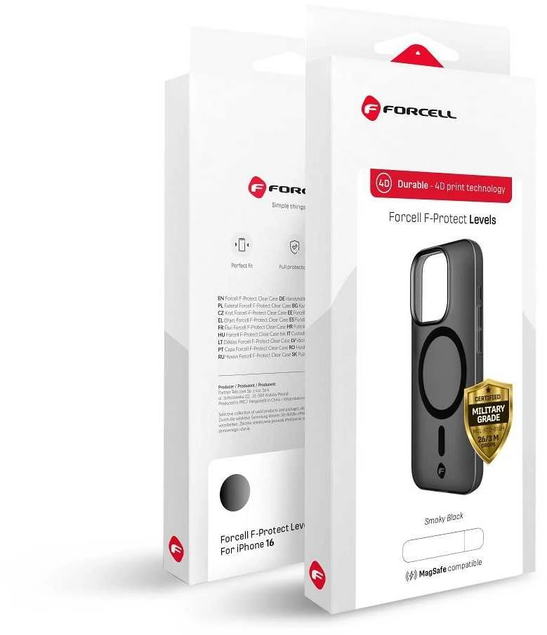 „iPhone 16 PLUS“ dėklas su „Forcell F-Protect Levels“ dvigubo sluoksnio 4D technologija, suderinamas su „Magsafe Military Drop-Test“, dūminis juodas