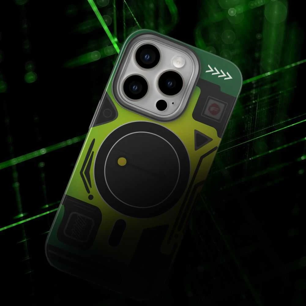 „iPhone 16 PRO MAX“ dėklas su „Forcell F-Protect Levels“ dvigubo sluoksnio 4D technologija, suderinamas su „Magsafe Military Drop-Test cyber žalias“.