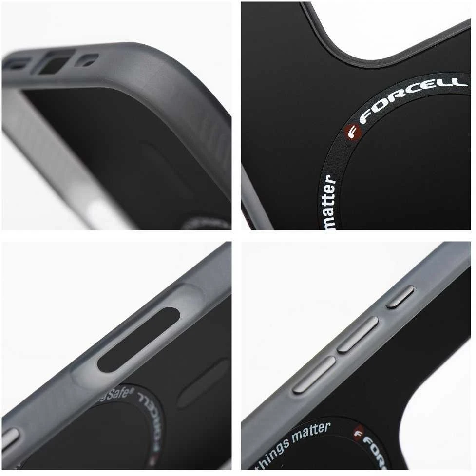 „iPhone 16 PLUS“ dėklas su „Forcell F-Protect Levels“ dvigubo sluoksnio 4D technologija, suderinamas su „Magsafe Military Drop-Test“, dūminis juodas