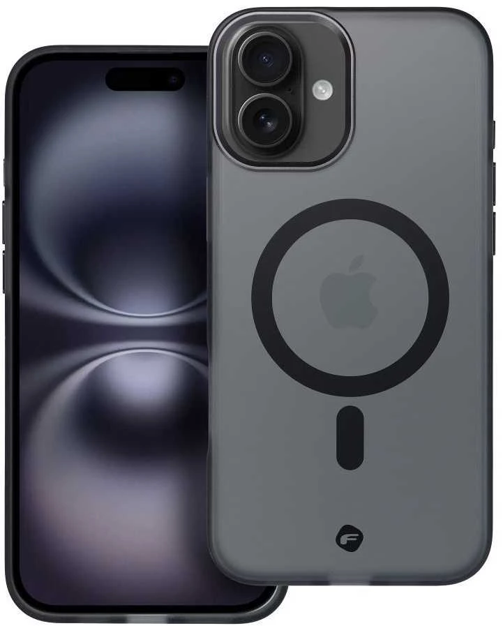 „iPhone 16 PLUS“ dėklas su „Forcell F-Protect Levels“ dvigubo sluoksnio 4D technologija, suderinamas su „Magsafe Military Drop-Test“, dūminis juodas