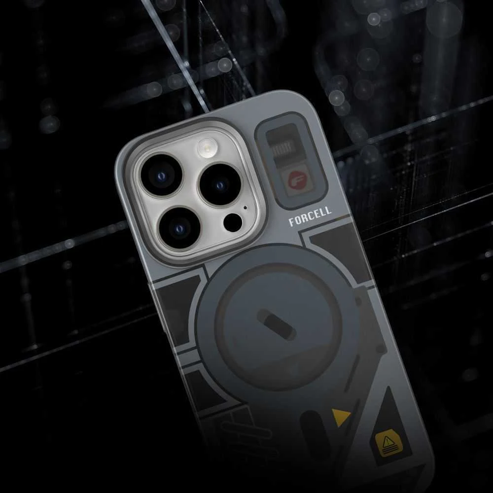 „iPhone 16 PLUS“ dėklas su „Forcell F-Protect Levels“ dvigubo sluoksnio 4D technologija, suderinamas su „Magsafe Military Drop-Test“ kibernetinėmis pilkomis spalvomis.