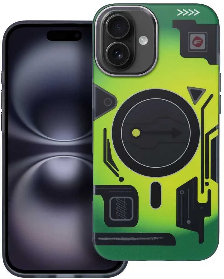„iPhone 16 PLUS“ dėklas su „Forcell F-Protect Levels“ dvigubo sluoksnio 4D technologija, suderinamas su „Magsafe Military Drop-Test cyber žalias“.