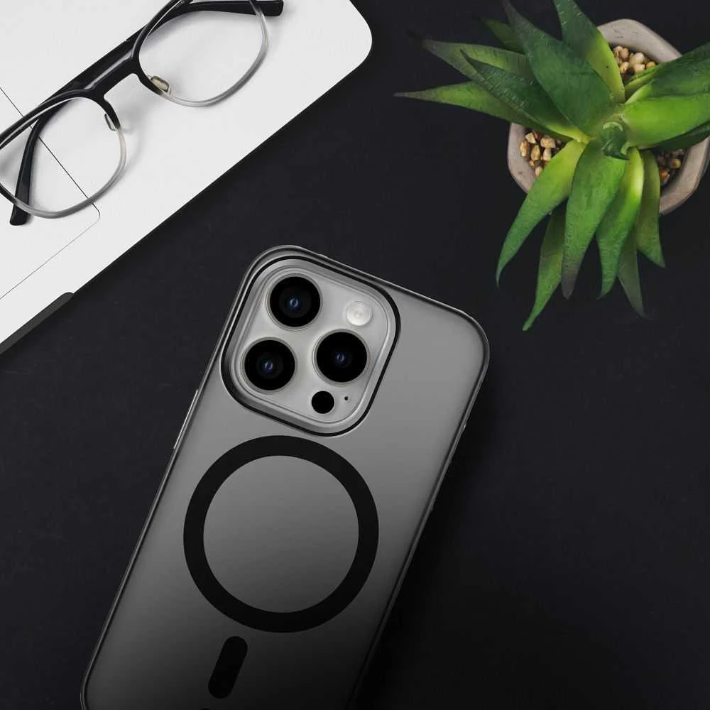 „iPhone 16 PLUS“ dėklas su „Forcell F-Protect Levels“ dvigubo sluoksnio 4D technologija, suderinamas su „Magsafe Military Drop-Test“, dūminis juodas