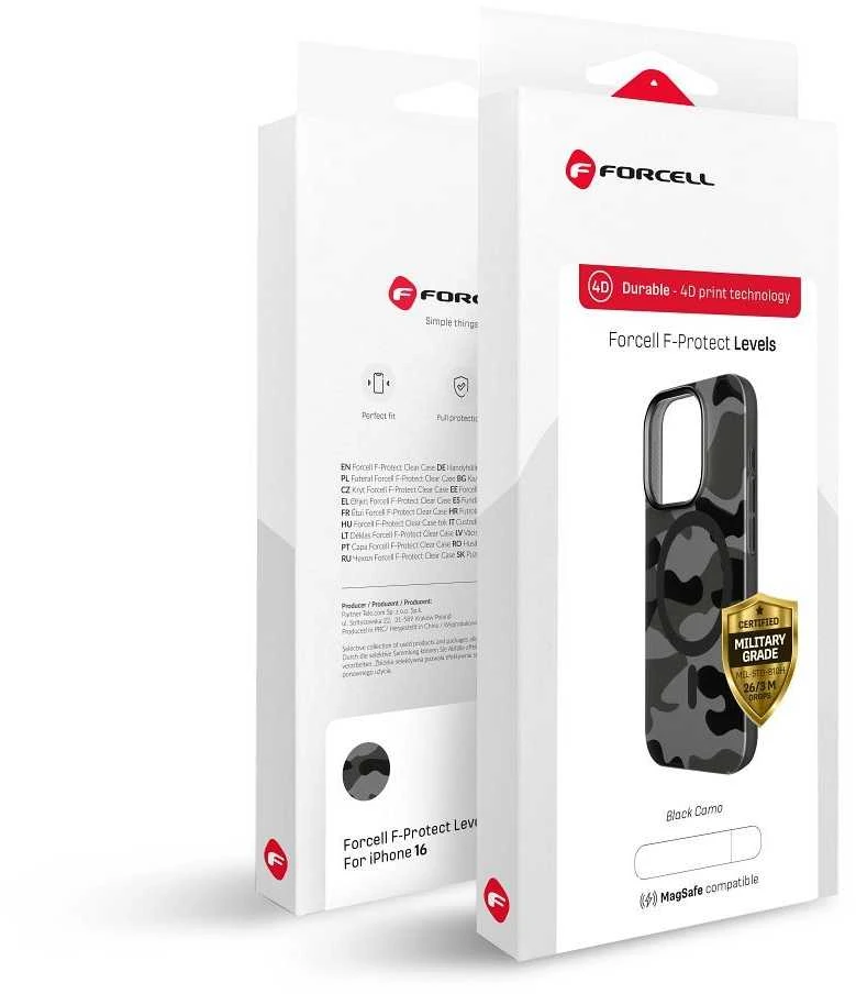 „iPhone 16 PLUS“ dėklas su „Forcell F-Protect Levels“ dvigubo sluoksnio 4D technologija, suderinamas su „Magsafe Military Drop-Test“ juodos spalvos kamufliažu.