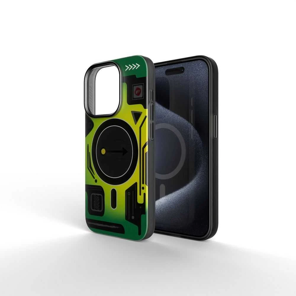 „iPhone 16 PLUS“ dėklas su „Forcell F-Protect Levels“ dvigubo sluoksnio 4D technologija, suderinamas su „Magsafe Military Drop-Test cyber žalias“.